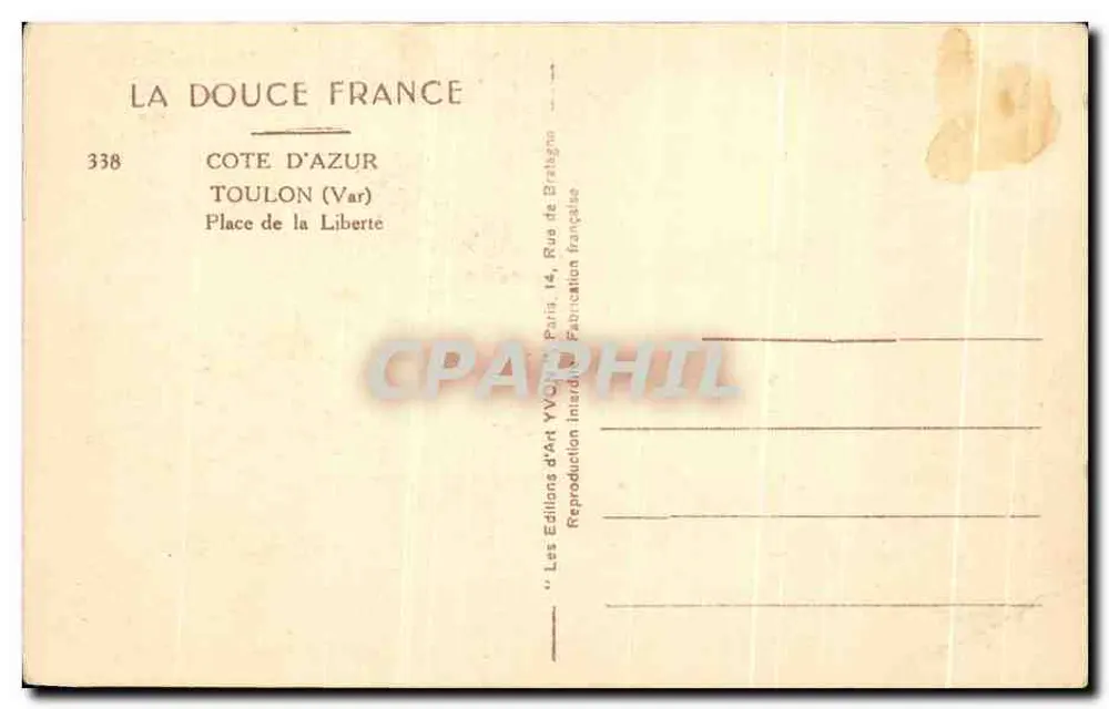 Place de la Liberté — Toulon (Var) — Éditions d'Art YVO, n°338 - Rückseite