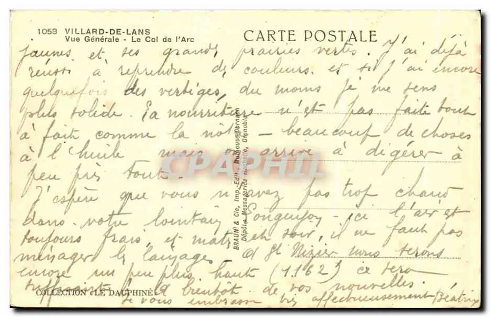 Villard-de-Lans — Vista Geral - O Col do Arc — B. Braun & Cie, Imp. e Lith. (Chambéry) - Verso