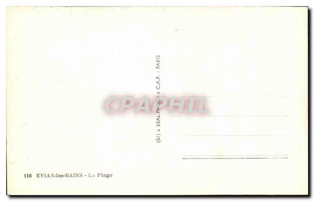 EVIAN-LES-BAINS - A Praia — vista da margem da água com terraço e edifício — editor C.A.P. Paris, n° 116 - Verso
