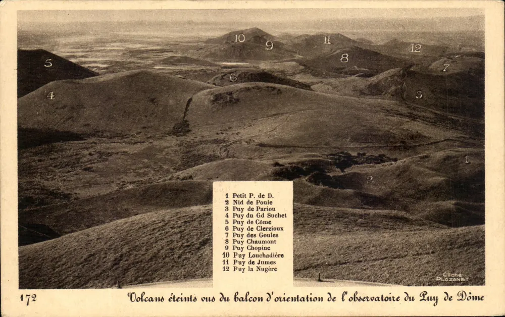 Erbarmte Vulkane vom Orientierungsbalkon des Observatoriums des Puy de Dôme — Plazanet Cliché, Nr. 172 - Vorderseite