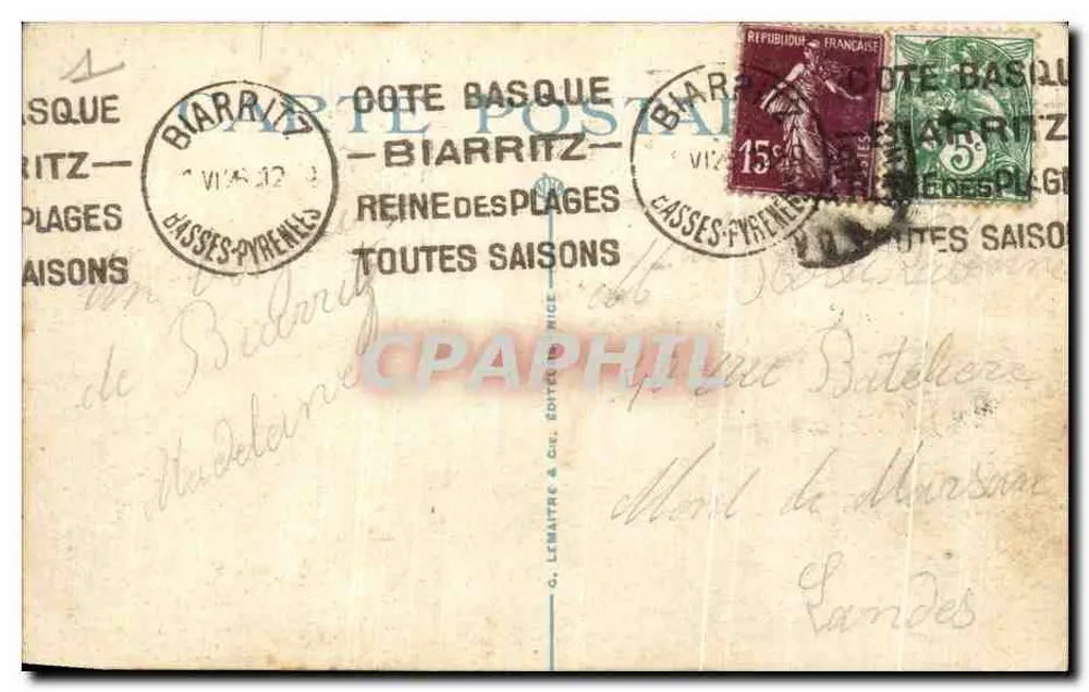 Biarritz — Ansicht der Welle an der Digue du Rocher de la Vierge — G. Lemaître & Cie, Verlag Nr. 38 - Rückseite