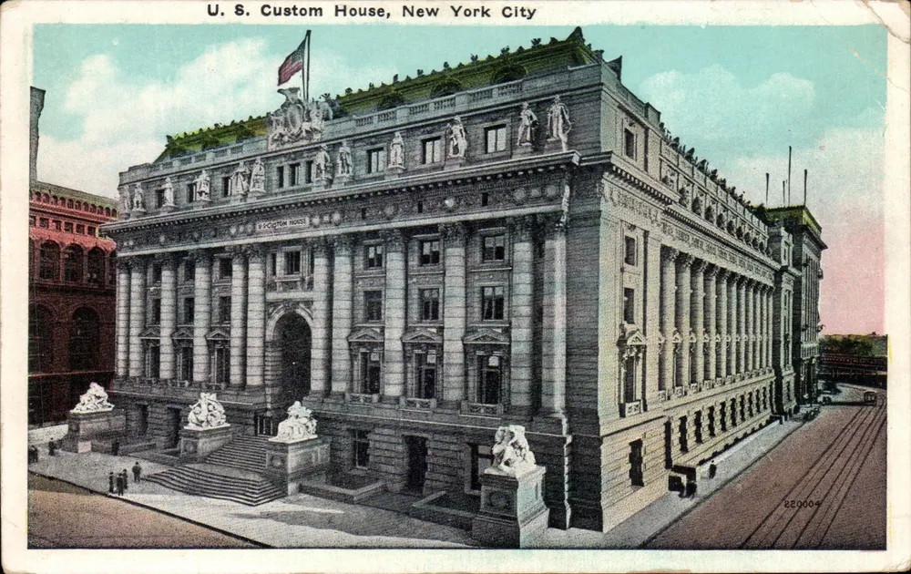 U.S. Custom House, New York City — bâtiment en granite avec colonnades et statues — Pub. by Manhattan Post Card Co. n° 220004 - Frente