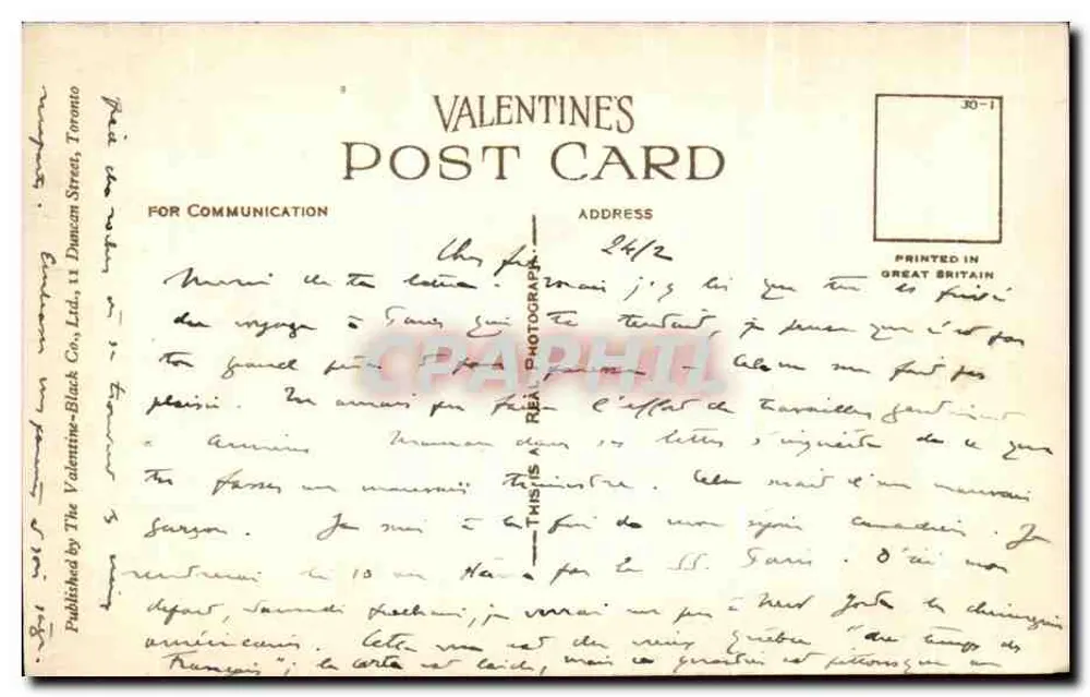 Little Champlain Street und Breakneck Steps, Québec, Kanada — Valentinstag-Karte, Verlag The Valentine-Black Co., Ltd., Toronto - Rückseite