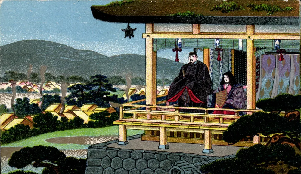 Cena de templo japonês — casal em um balcão — editor desconhecido - Frente