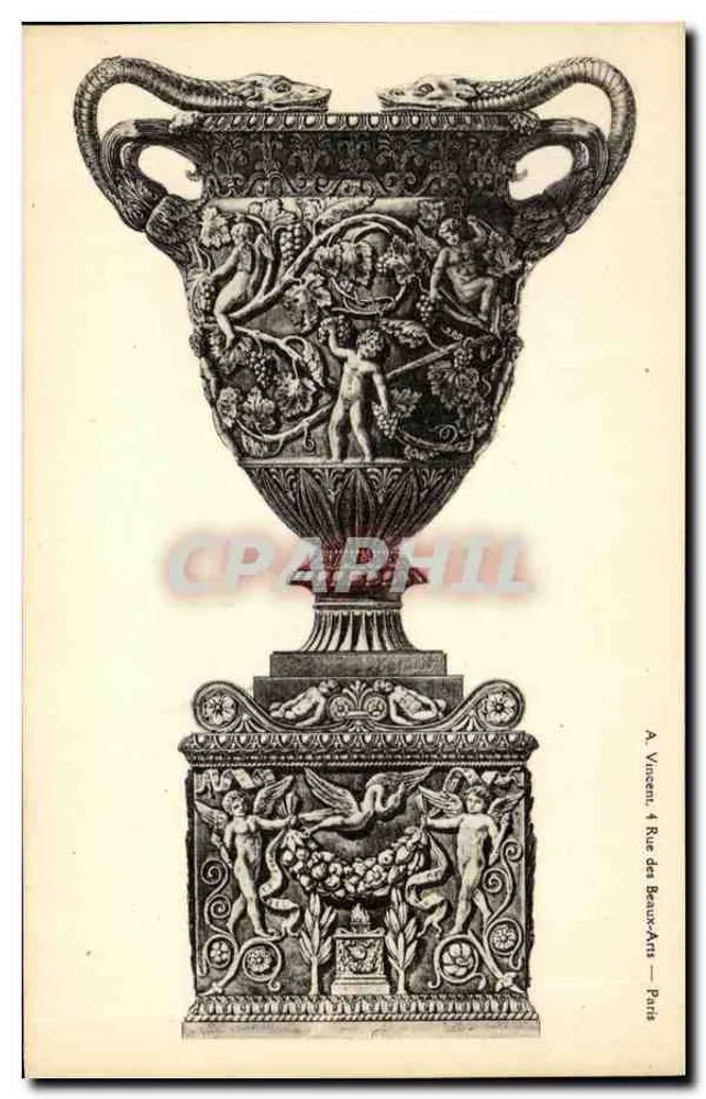 Vaso antigo decorado com cenas mitológicas — gravura — A. Vincent, 4 Rue des Beaux-Arts — Paris - Frente