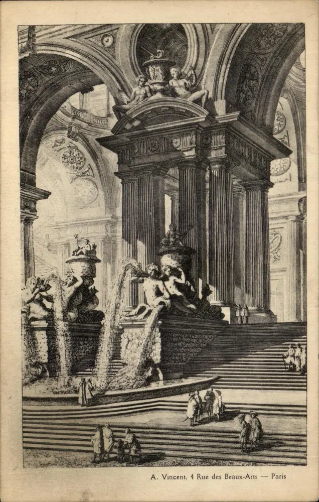 Interior de um palácio barroco — fonte e esculturas — A. Vincent, 4 Rue des Beaux-Arts — Paris - Frente