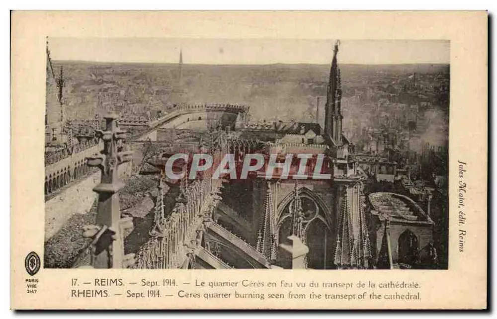 Reims — Viertel Cérès in Flammen gesehen vom Querhaus der Kathedrale — Jules Macot, Verlag Reims - Vorderseite