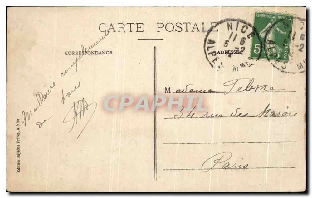 Nice - Avenue Masséna, Allée des Palmiers — Édition Baylone Frères, n° 506 - Verso