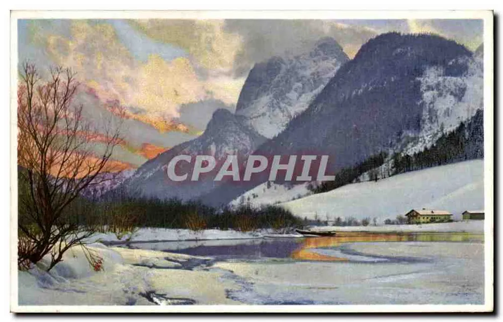 Paisagem alpina invernal — montanhas nevadas e lago — Photochromie Série 411 No. 5396 - Frente