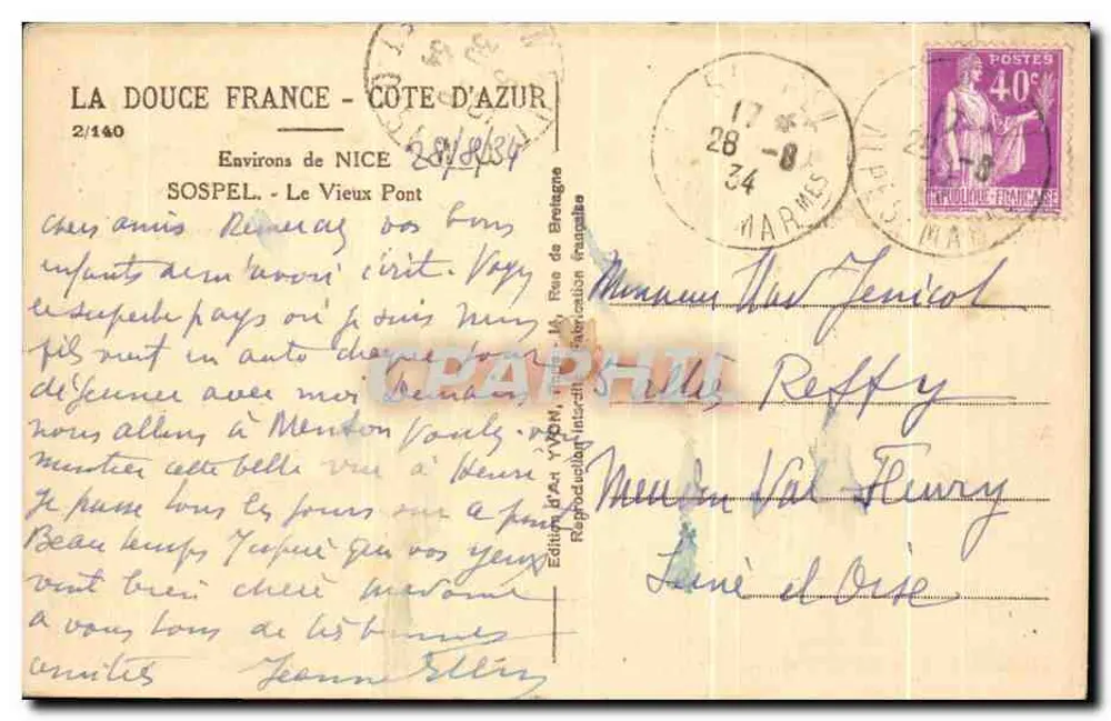 Sospel — El Viejo Puente — Editor W. W. n°2/140 - Reverso