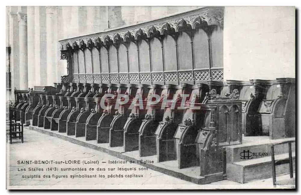 Saint-Benoît-sur-Loire (Loiret) — Interior da Igreja — As Stalles (1413) sobrecarregadas de dais sobre os quais estão esculpidas figuras simbolizando os pecados capitais — Editor: Letornand, Orléans - Frente
