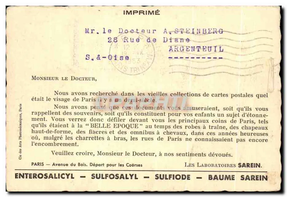 Champs-Élysées — vue de l'Arc de Triomphe — éditeur Les Laboratoires Sarein - Rückseite