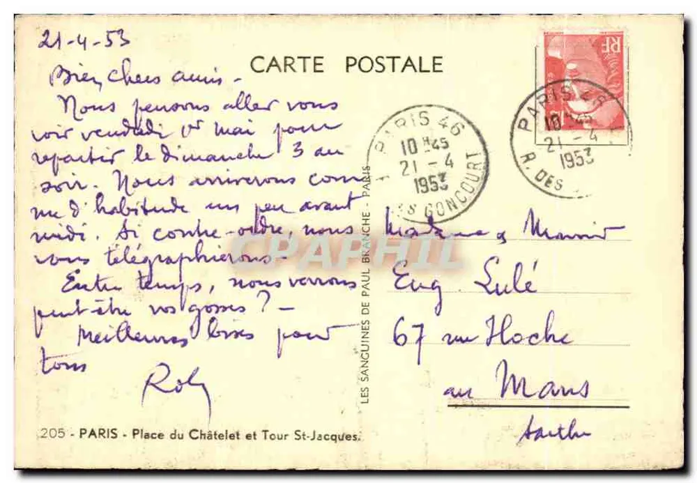 Platz des Châtelets und Turm Saint-Jacques — Paris — Ausgabe Les Sanguines de Paul Branche, n°205 - Rückseite
