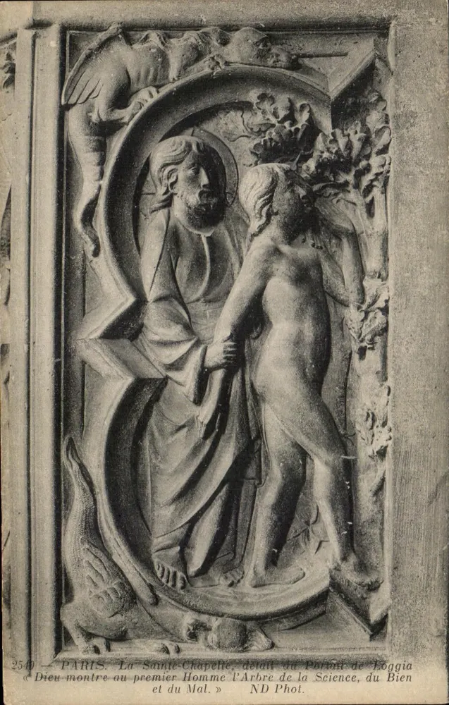 Paris - Die Sainte-Chapelle, Detail des Portals von Boggia - Gott zeigt dem ersten Menschen den Baum der Erkenntnis des Guten und Bösen - Vorderseite