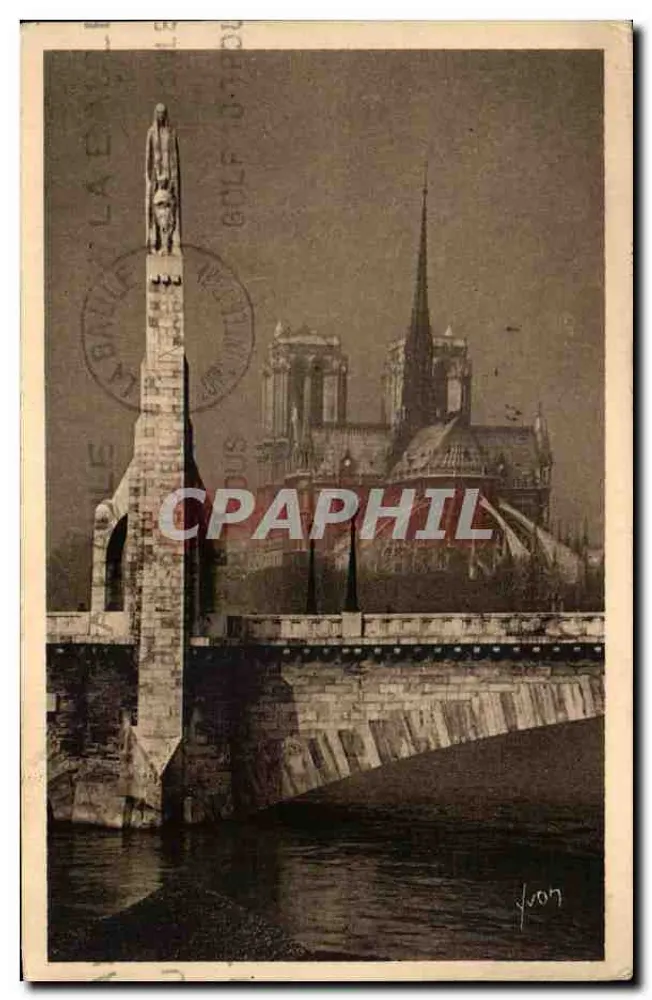 Notre-Dame von Paris — Ansicht mit der Statue der Heiligen Geneviève auf der Brücke — Verlag J. VON - Vorderseite