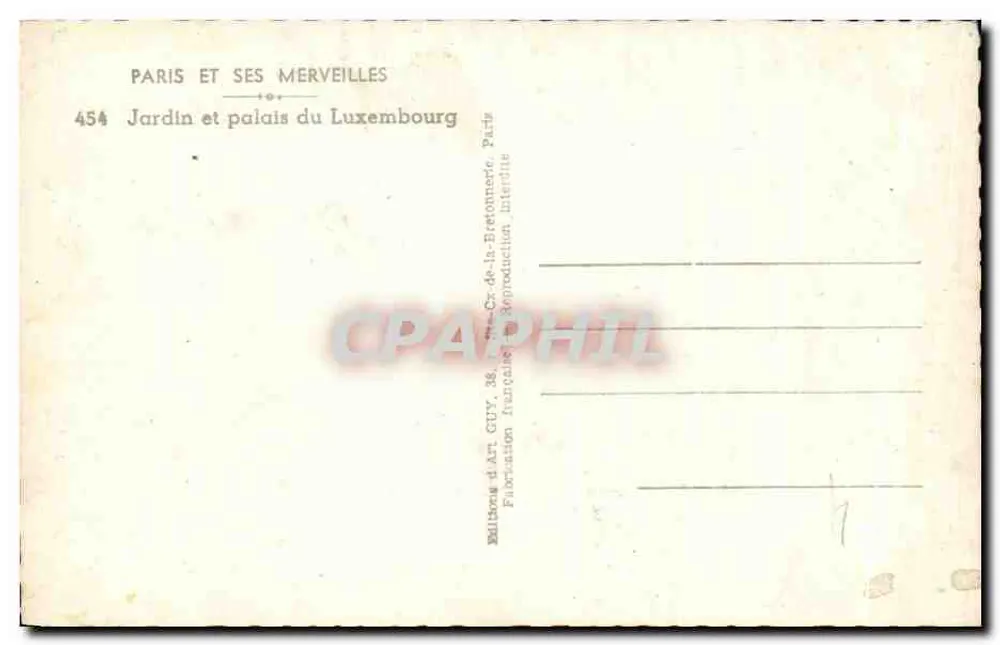 Garten und Palast des Luxembourg — Paris — Verlag GUY, n° 454 - Rückseite