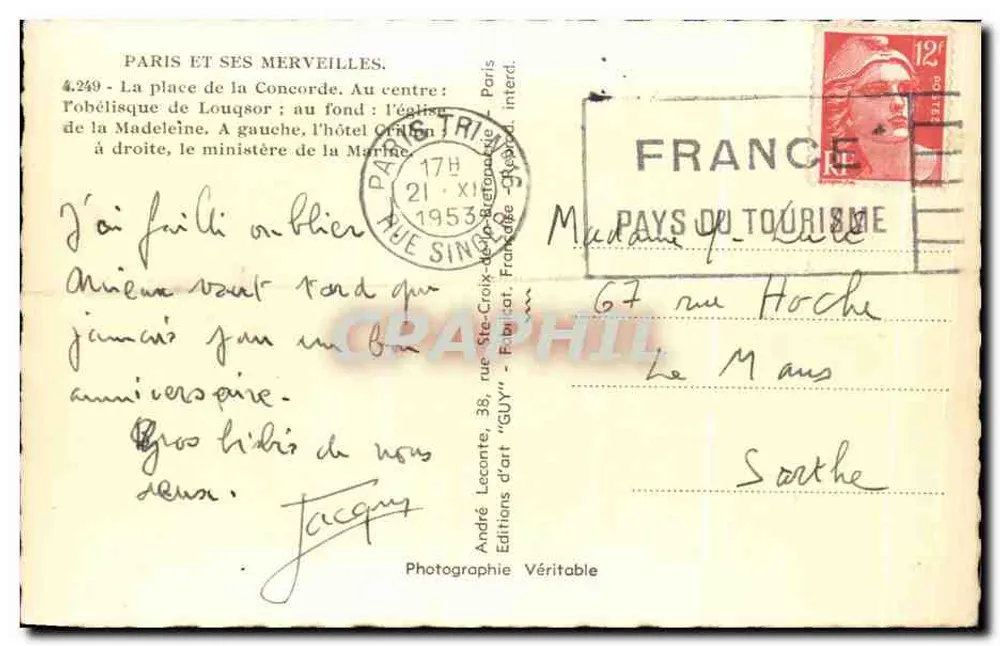 Place de la Concorde — Paris — Editions d'Art 'Guy' - Rückseite