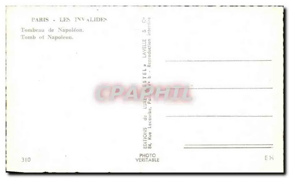 Paris - Os Invalidos — Túmulo de Napoleão — Edições Lavelle & Estel - Verso