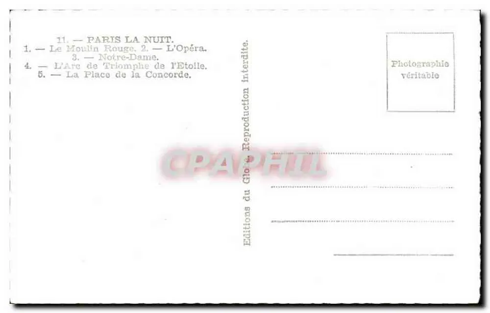 Paris nachts — 5 nächtliche Ansichten — Éditions du Globe - Rückseite