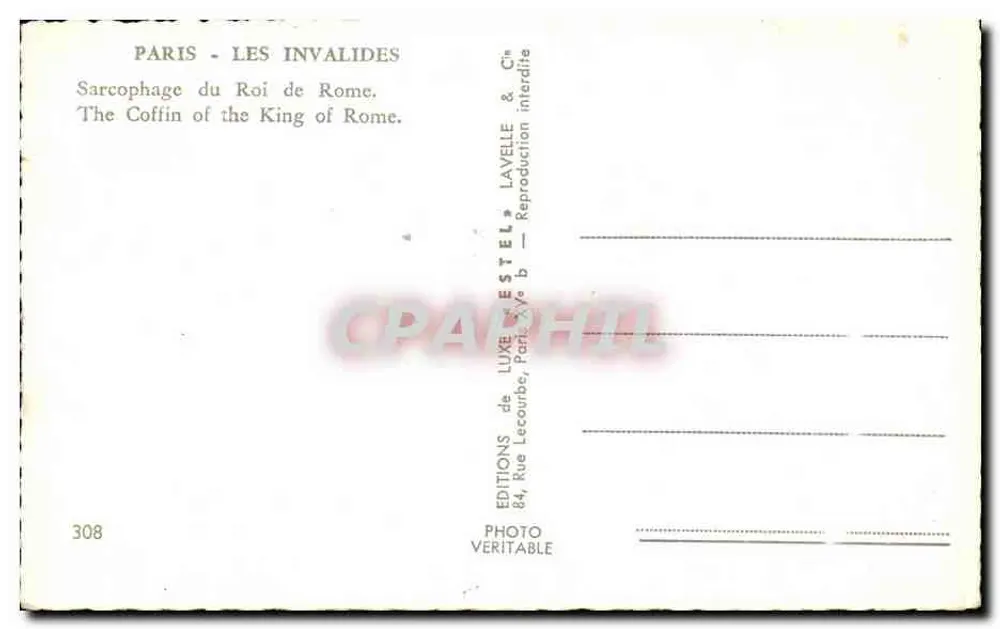 Sarkophag Napoleons II — König von Rom — Verlag Estel, Nr. 308 - Rückseite