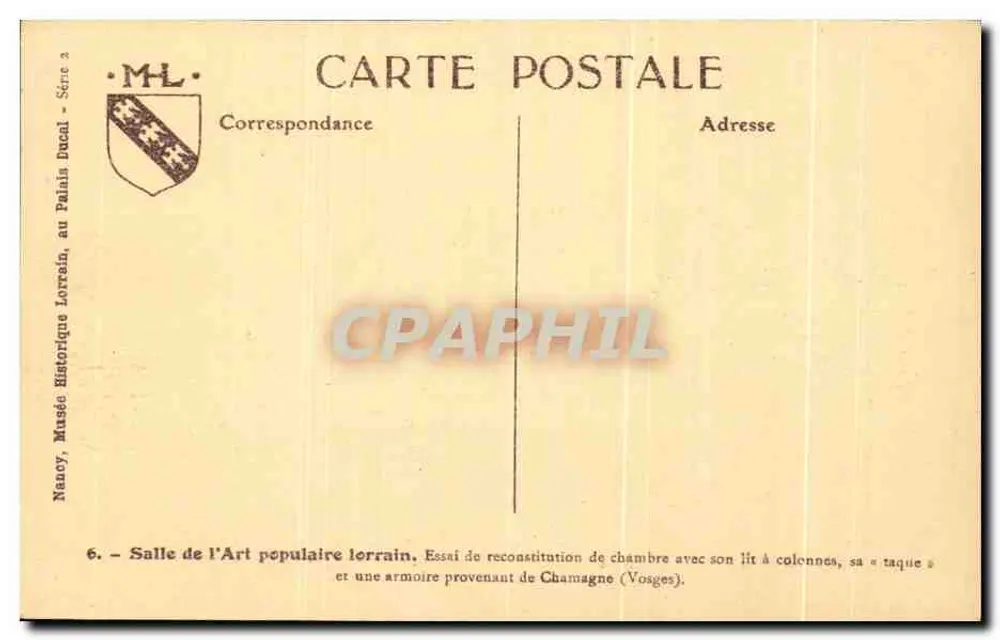 Sala do Arte Popular Lorena — Ensaios de reconstrução de quarto com seu leito de colunas, sua «taque» e um armário proveniente de Chamagne (Vosges) — Museu Histórico Lorena, Nancy - Verso