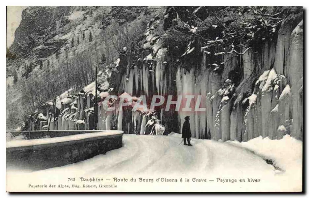 Route von Bourg d'Oisans nach la Grave — Winterlandschaft — Papetorie des Alpes, Eug. Robert, Grenoble - Vorderseite