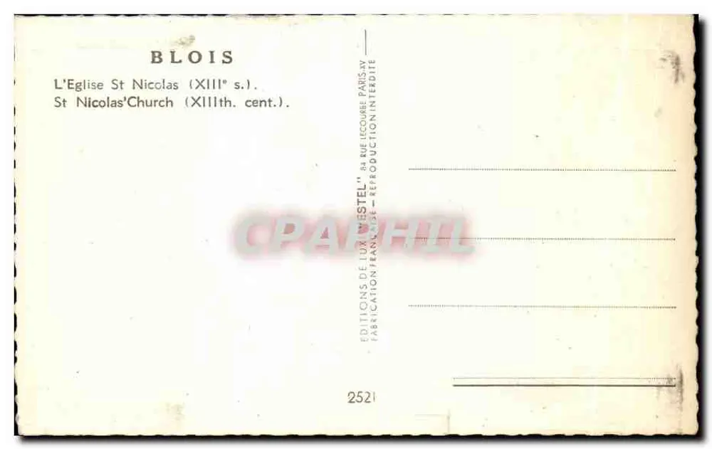 Igreja de São Nicolau — Blois — Editor Estel, n° 2521 - Verso