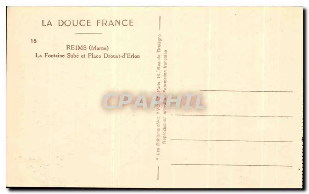 Reims — Fontaine Subé und Place Drouet-d'Erlon — Les Éditions d'Art YVOY, Paris 14 - Rückseite