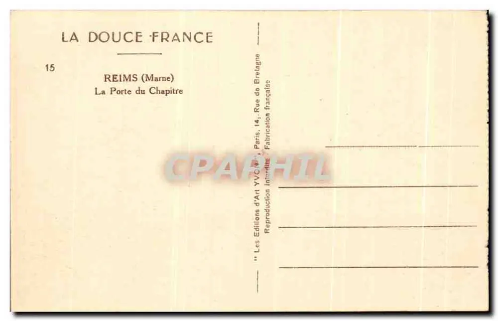 Reims (Marne) — A Porta do Capítulo — Edições de Arte YVC, Paris - Verso