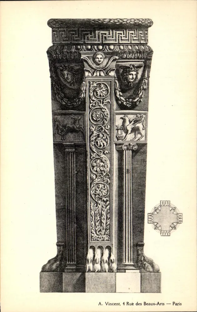 Coluna decorativa — motivos gregos e mitológicos — A. Vincent, 4 Rue des Beaux-Arts — Paris - Frente