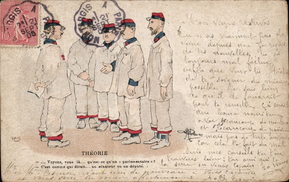 Theorie — Karikatur von Soldaten im Uniform — Verleger L.V.S. - Vorderseite