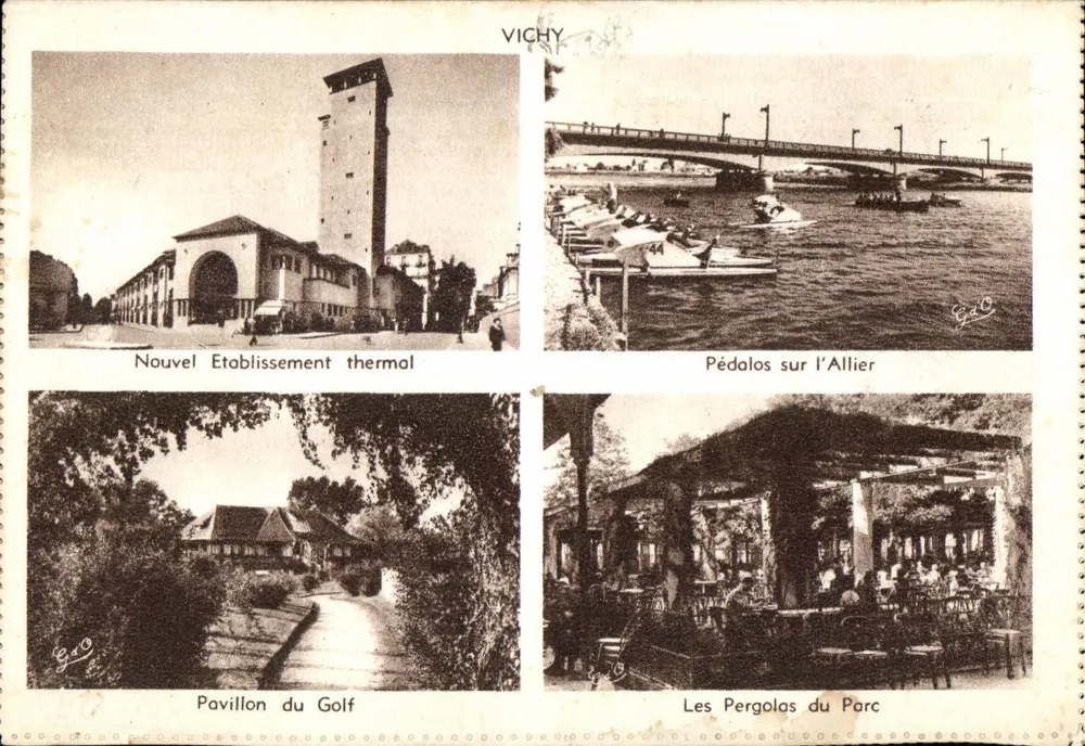 Vichy — Neues Thermalbad, Pedalo-Boote auf der Allier, Golfpavillon, Die Pergolen des Parks — Verlag G. C. (G. C. 44) - Vorderseite