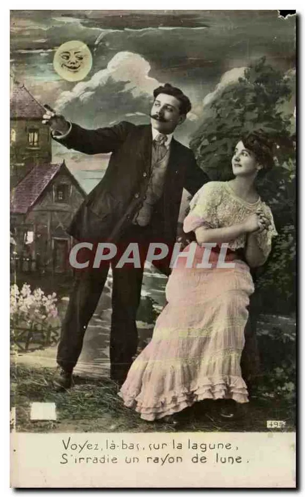 Casal sob a lua — cena romântica — editor não identificado, n° de série 498 - Frente