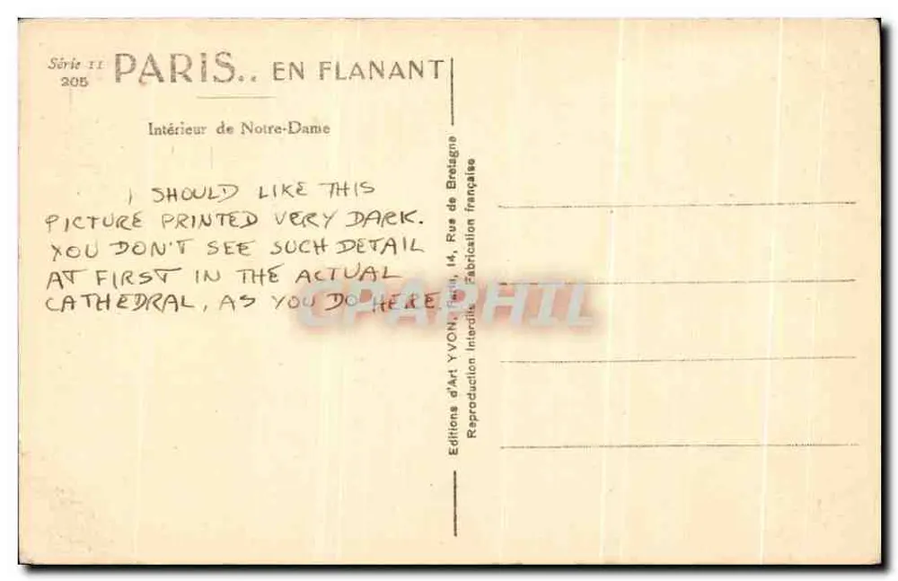 Interior da catedral Notre-Dame — Paris — Éditions d'Art Yvon, série II, n°205 - Verso