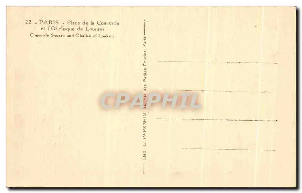 Place de la Concorde — Obélisque de Louxor — Éditeur E. Papeghin, n°22 - Rückseite