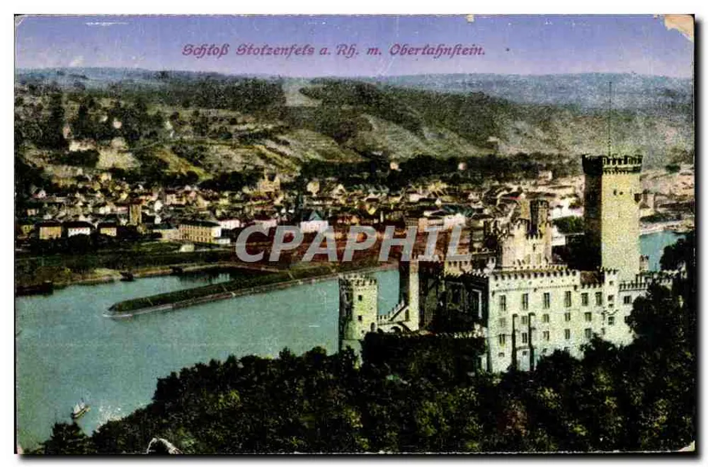 Château de Stotzenfels — vue panoramique sur le Rhin et le village d'Obertalfenstein — éditeur Karl Fischer, Ettal - Vorderseite