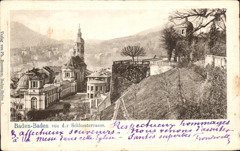 Baden-Baden von der Schloss Terrasse — Ansicht der Stadt und der Kirche — Verlag von Ph. Bussemer, Baden-Baden 1. - Vorderseite