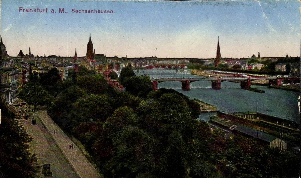 Frankfurt a. M., Sachsenhausen — vista panorâmica da cidade e do ponte sobre o rio — editor Gerhard Blümlein & Co. - Frente