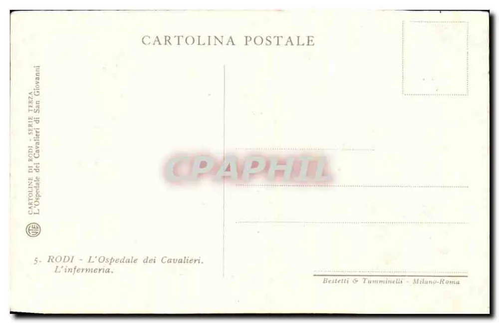 Rodi - L'Ospedale dei Cavalieri - L'infermeria — Bestetti & Tumminelli, Milão-Roma, série 5 - Verso