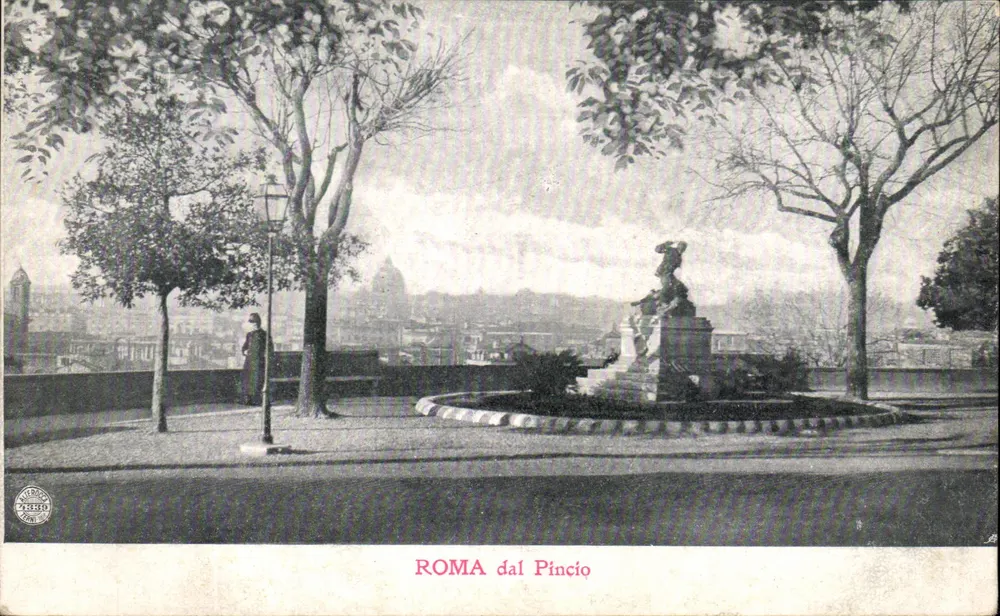 Roma do Pincio — vista panorâmica com fonte e estátua — editor Zanetti, n° 88 - Frente