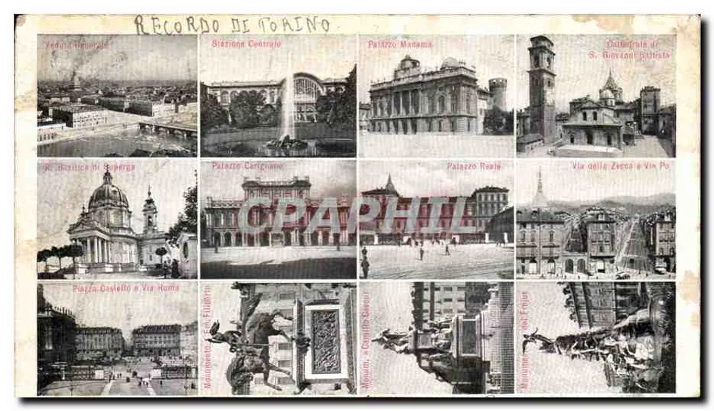 Torino — vue panoramique et sites emblématiques — éditeur Cartolina Postale - Frente