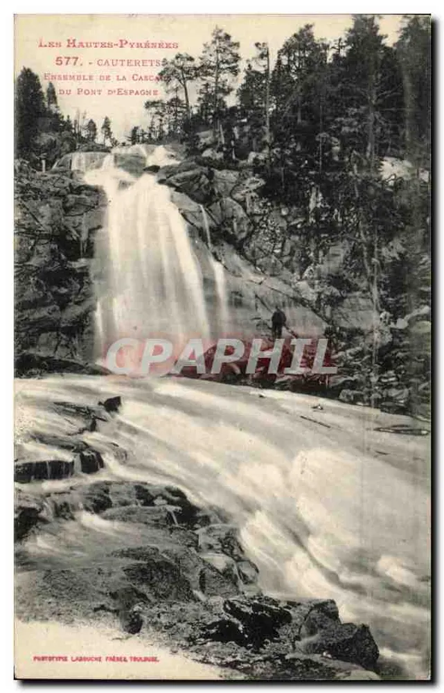 Les Hautes-Pyrénées — Cauterets, conjunto da cascata do Pont d'Espagne — Editor: P. Labouche, n° 577 - Frente