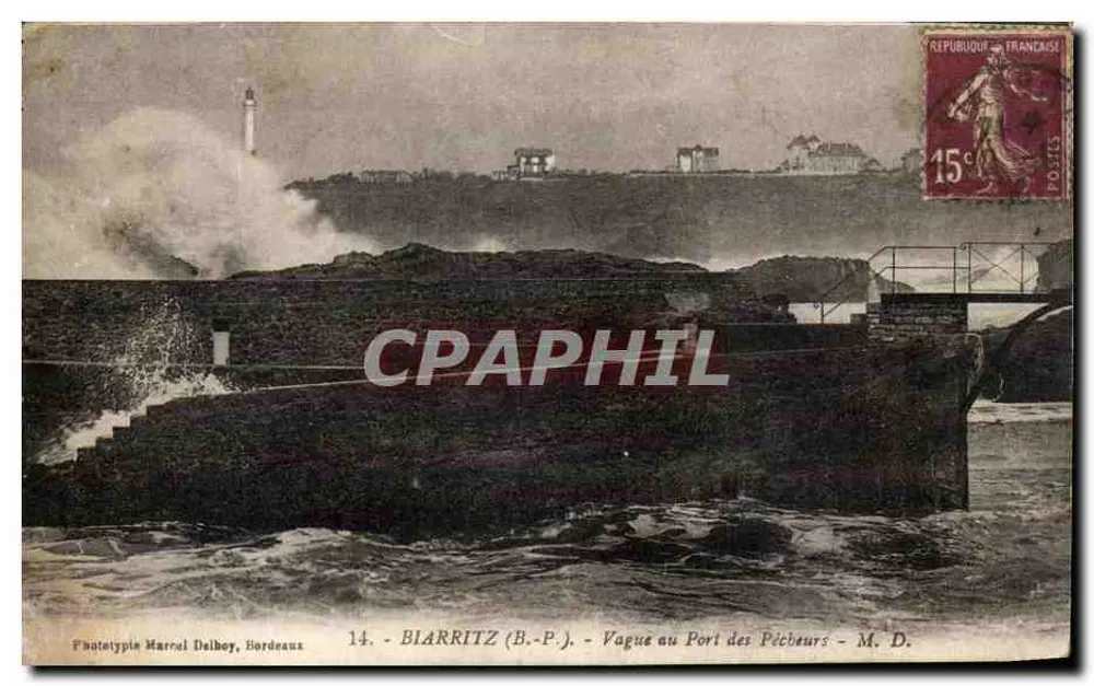 Blarritz (B.P.) - Welle am Hafen der Fischer — Phototypie Marcel Delbey, Bordeaux, n°14 - Vorderseite