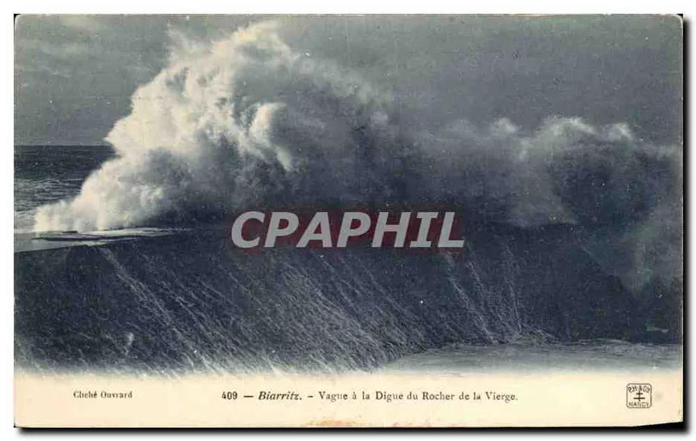 Biarritz — Welle am Schutzdamm des Felsen der Jungfrau — Cheché Ouvard, Nr. 409 - Vorderseite