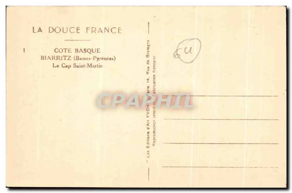 O Cap Saint-Martin — Biarritz (Basses-Pyrénées) — Edições d'Art YVON, Paris - Verso