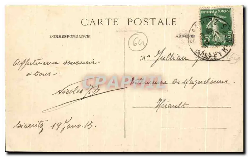 Biarritz Pittoresque — Sturm der Wellen am Rocher de la Vierge — Ausgabe A. Simons, Nr. 72 - Rückseite