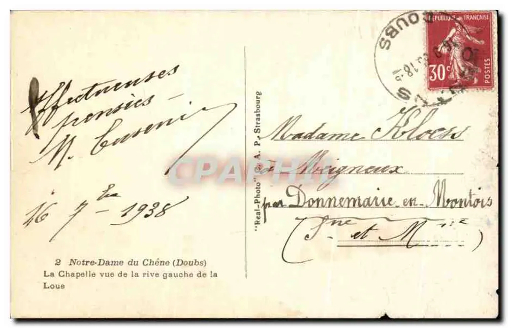 Unsere Frau vom Eichen (Doubs) — Die Kapelle von der linken Seite der Loue gesehen — Real-Photo von A. P. Strasbourg - Rückseite