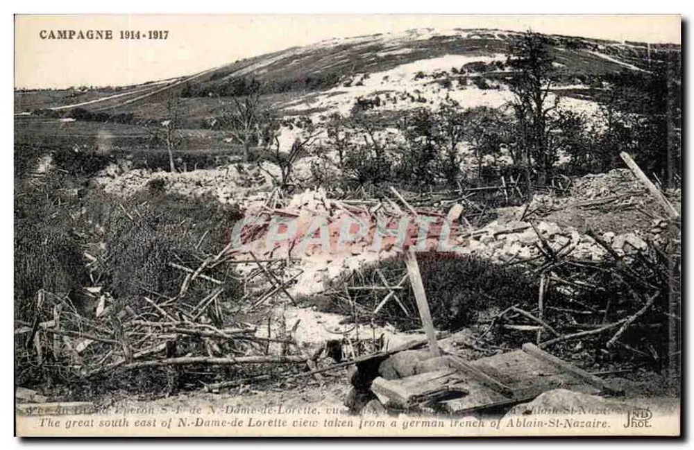 Campaña 1914-1917 — Vista del sureste de N.-Dame-de-Lorette tomada desde una trinchera alemana en Ablain-St-Nazaire — editor J. Hol - Anverso