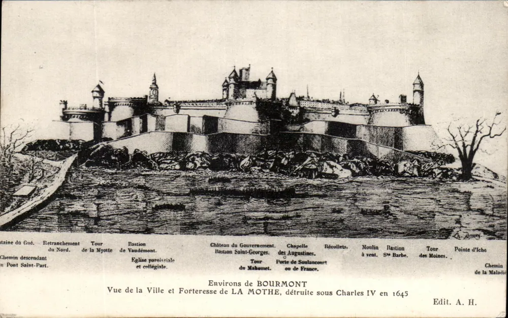 Umgebung von BOURMONT — Ansicht der Stadt und Festung LA MOTHE, zerstört unter Charles IV im Jahr 1645 — Edit. A. H. - Vorderseite