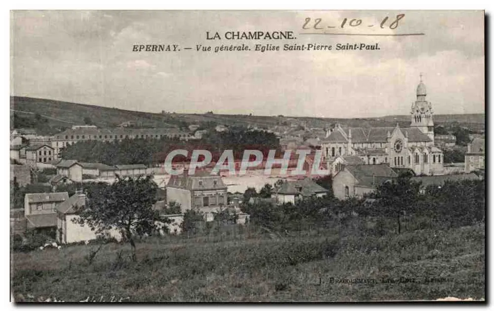 Epernay — Allgemeiner Blick. Kirche Saint-Pierre Saint-Paul — J. Brachoumey, Verleger, 1918 - Vorderseite